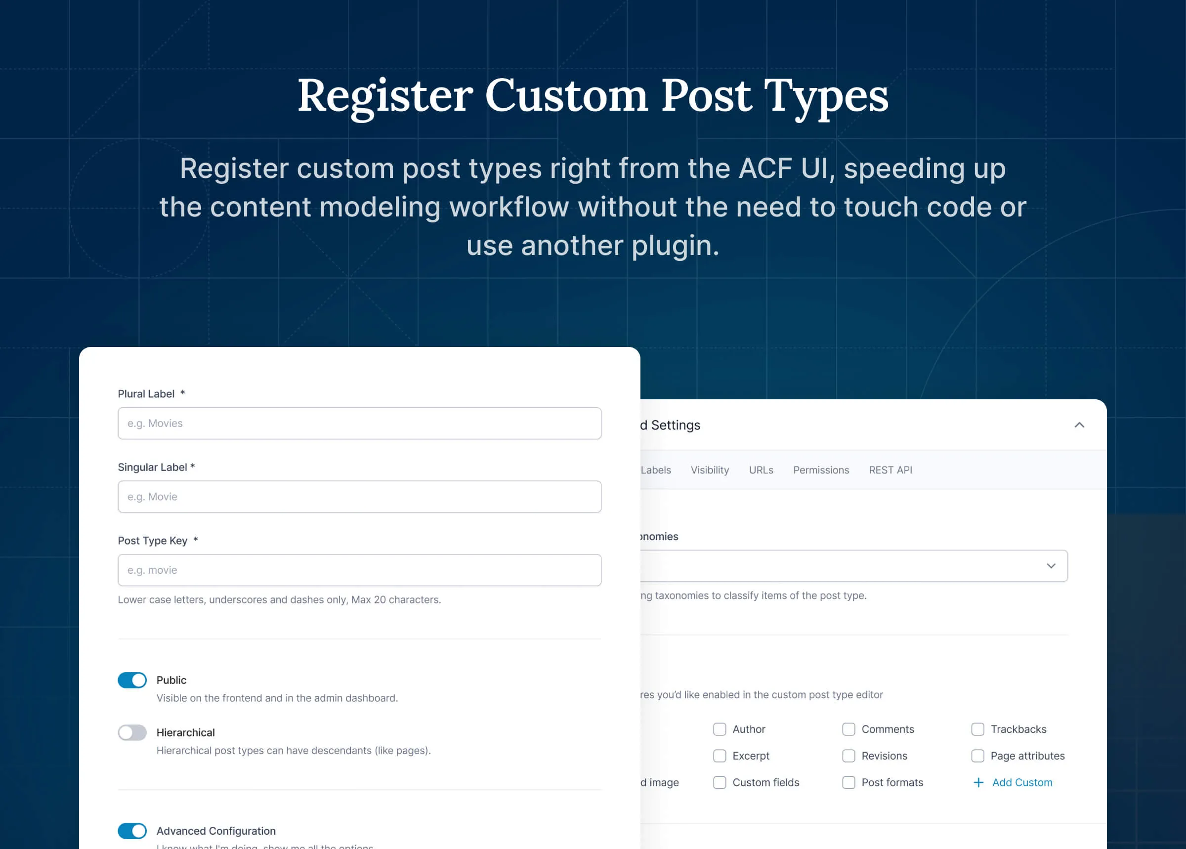 Tela oficial do ACF para registrar um tipo de post, com campos de rótulo, chave e configuração pública.