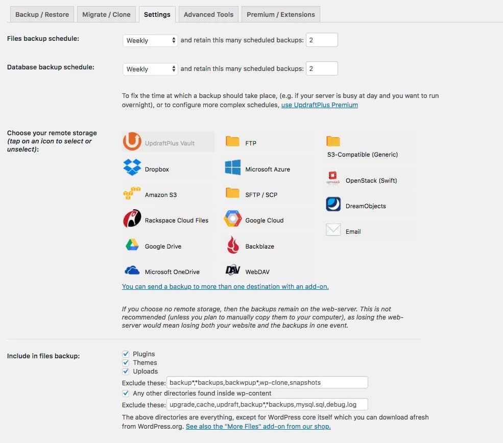 Tela oficial do UpdraftPlus com agendamento de arquivos e banco e Google Drive entre os destinos remotos.